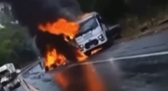 Caminhão desgovernado atinge grupo de motociclistas e provoca incêndio