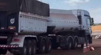 Cavalo mecânico é flagrado tracionando carreta tanque e caçamba ao mesmo tempo