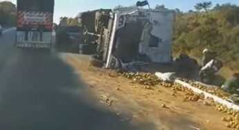 Caminhoneiro morre após tombar veículo carregado de tomates