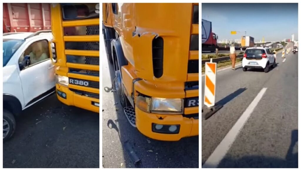 Caminhoneiro se revolta após colisão com carro pequeno