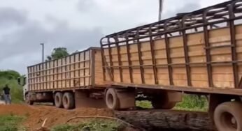 Caminhão boiadeiro quase tomba em ponte de madeira improvisada