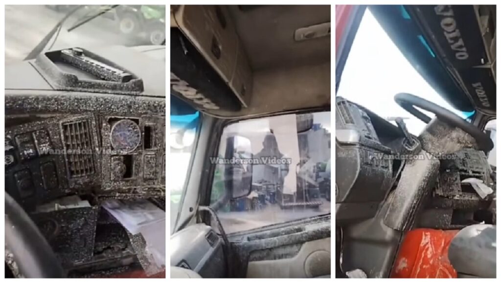 Caminhoneiro se indigna com cabine suja após uso de mangueira de pressão