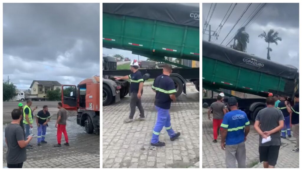 Caminhoneiro descarrega em frente a empresa