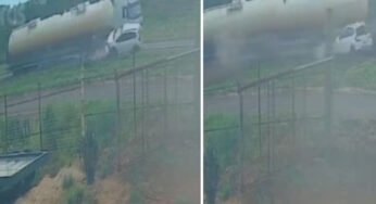 Caminhão tanque arrasta carro na BR-060