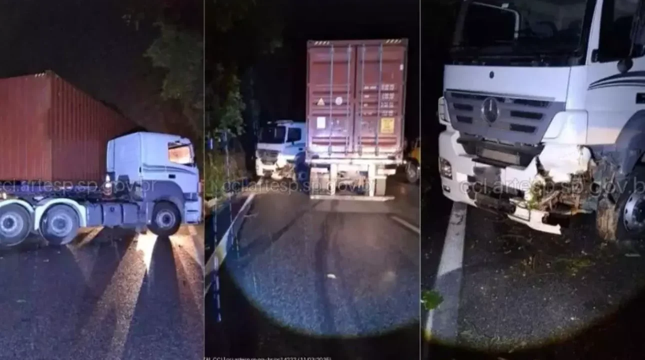 Caminhão em alta velocidade atinge carreta e causa congestionamento na Rodovia Anchieta