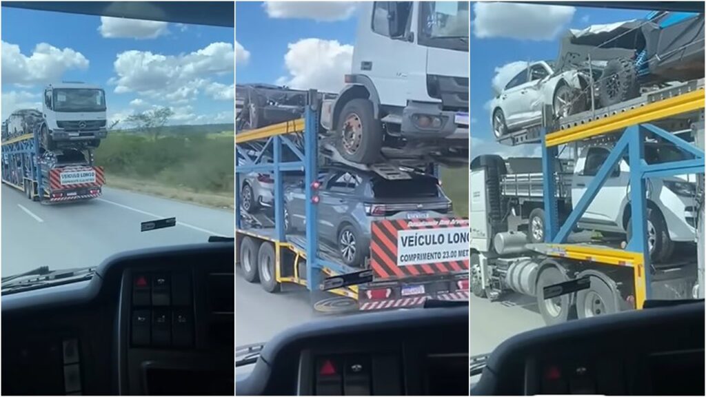 Carreta cegonha leva caminhão em seu compartimento