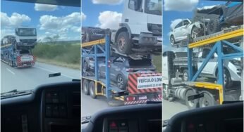 Carreta cegonha leva caminhão em seu compartimento