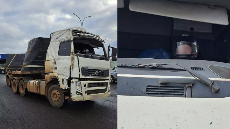 Motorista usa capacete para dirigir carreta sem para-brisa em SC; veículo foi recolhido pela PRF