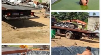 Caminhão é usado para tirar homem preso em lagoa