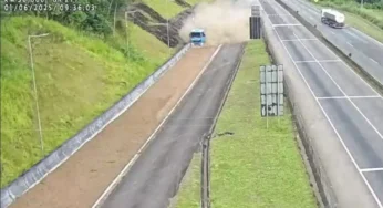Caminhoneiro aciona área de escape na BR-376 após pane nos freios; ninguém se feriu
