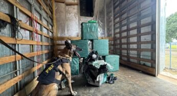 PRF apreende caminhão com uma carga suspeita em fundo falso.