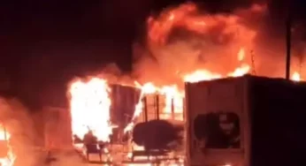 Incêndio de grandes proporções destrói caminhões de transportadora em Campo Grande