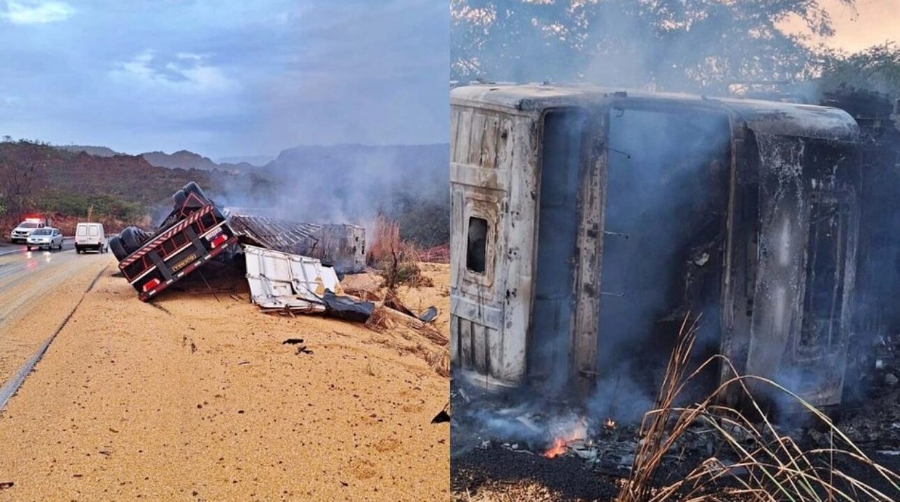 Carreta carregada de milho tomba e pega fogo na BR-135; caminhoneiro fica com ferimentos leves