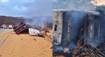 Carreta carregada de milho tomba e pega fogo na BR-135; caminhoneiro fica com ferimentos leves