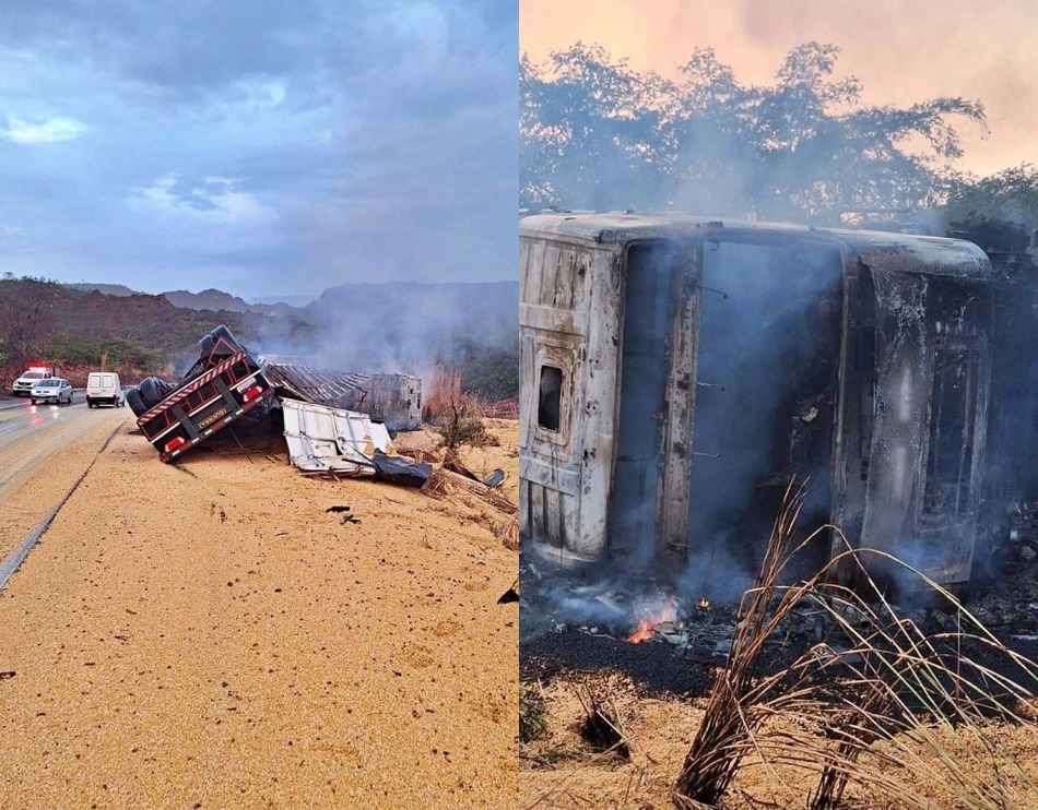 Carreta carregada de milho tomba e pega fogo na BR-135; caminhoneiro fica com ferimentos leves