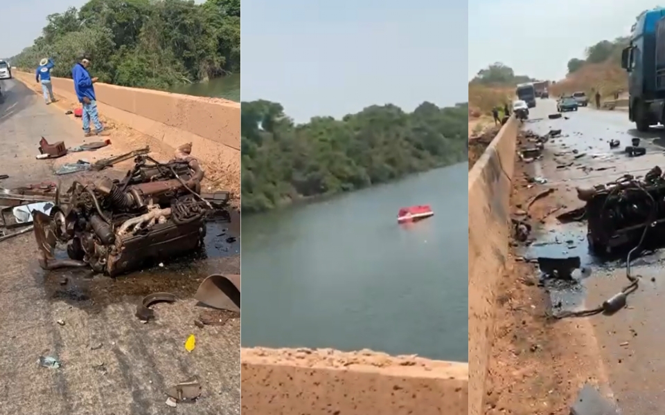 Caminhão despenca da ponte da MT-140 sobre o Rio Teles Pires; motorista escapa ileso