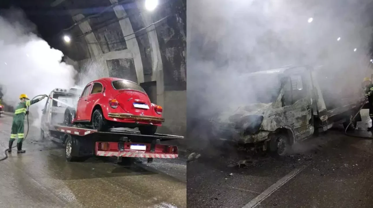 Caminhão que transportava clássico Fusca pega fogo dentro de túnel da Rodovia dos Imigrantes em São Vicente