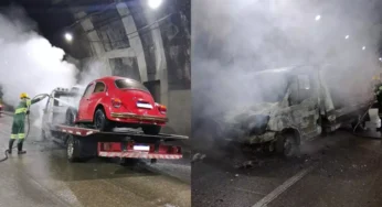Caminhão que transportava clássico Fusca pega fogo dentro de túnel da Rodovia dos Imigrantes em São Vicente