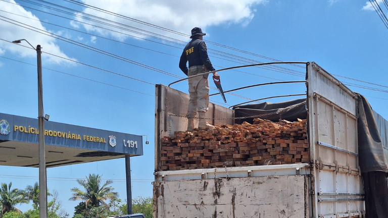 PRF recupera caminhão furtado e apreende mais de 75 m³ de madeira irregular no Maranhão