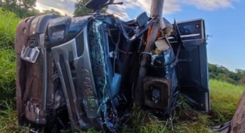 Caminhoneiro perde controle da direção, bate em árvore e fica preso às ferragens na MS-040