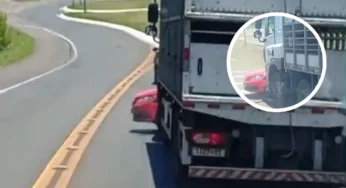 Vídeo mostra caminhão arrastando carro por vários metros na BR-282 em Xanxerê (SC)