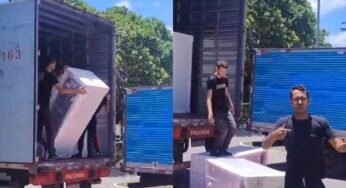 Caminhoneiro joga carga de geladeiras no chão após 5 dias de espera no CD das Casas Bahia na Bahia