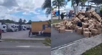 Mais um: Caminhoneiro se revolta e joga carga em frente ao CD das Casas Bahia