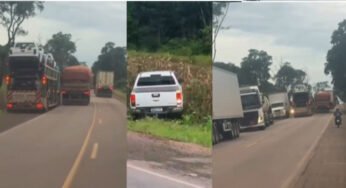 Briga entre caminhoneiros na BR-153 termina com veículos fora da pista e motorista preso por embriaguez