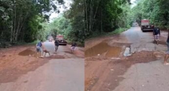 Caminhoneiros tapam buracos na BR-174 para evitar acidentes no acesso a Roraima