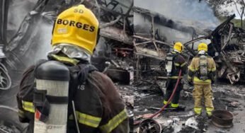 Colisão entre ônibus e carreta deixa 8 mortos e interdita BR-251