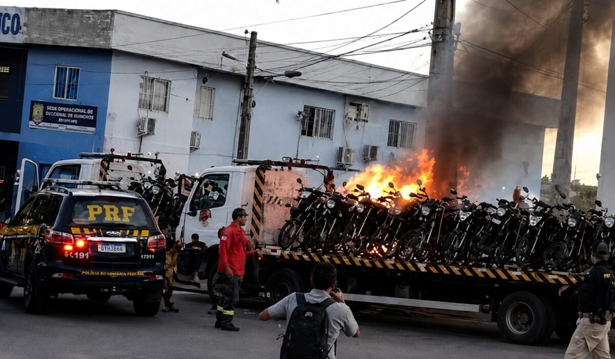 Pai e filho colocam fogo em guincho da PRF após moto ser apreendida
