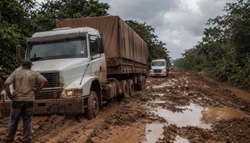 Mais de meio século depois, Transamazônica ainda prende caminhões na lama por dias
