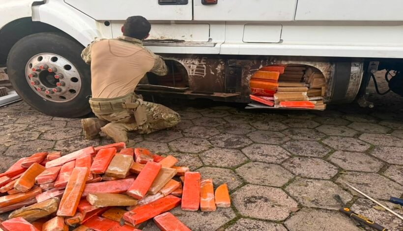 Cão da PRF aponta tanque de carreta e revela 581 kg de maconha