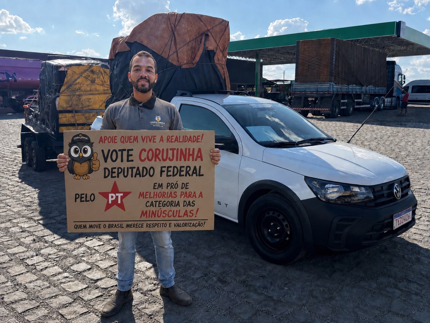 Caminhoneiro Corujinha mostra seu antes e depois entre Lula x Bolsonaro.