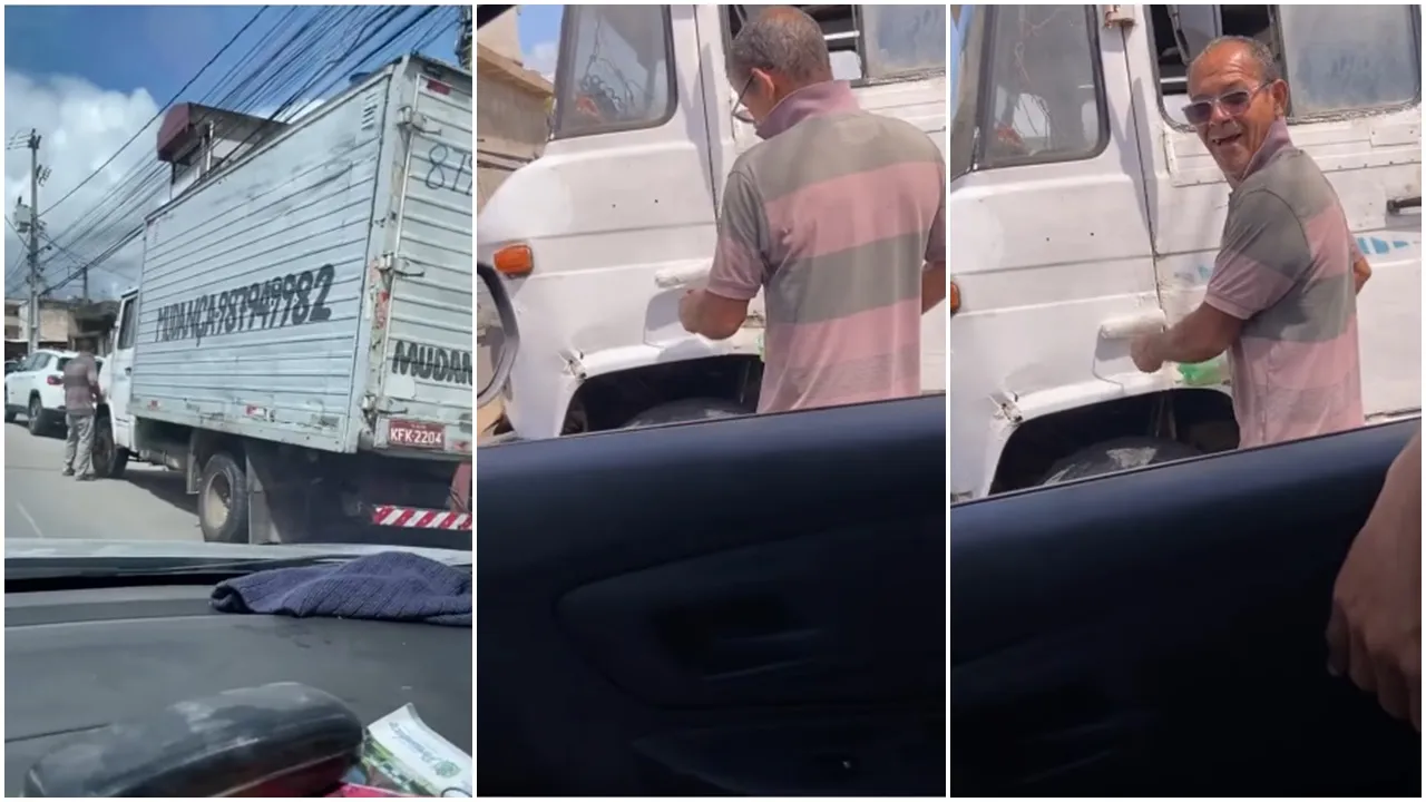 Caminhoneiro é zombado após se flagrado pintando seu veículo com rolo de parede