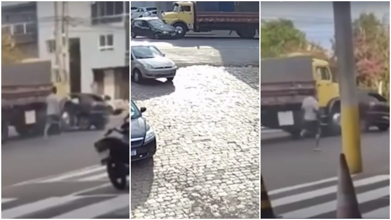 Caminhoneiro em furia arrasta carro durante briga de trânsito