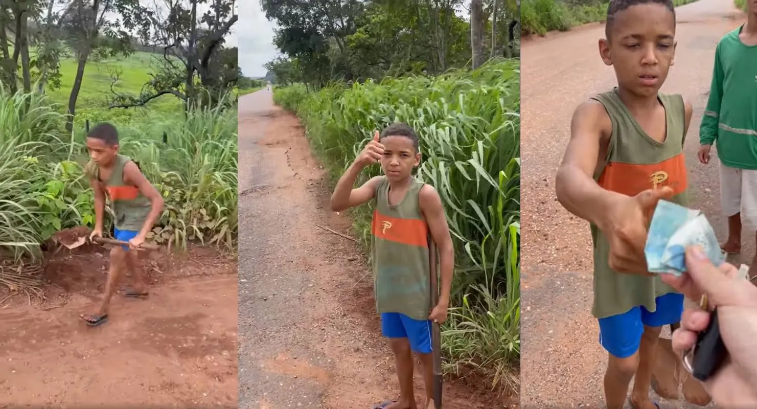 Garoto de 14 anos é flagrado na BR-135 tapando buraco e ganha R$ 100 reais