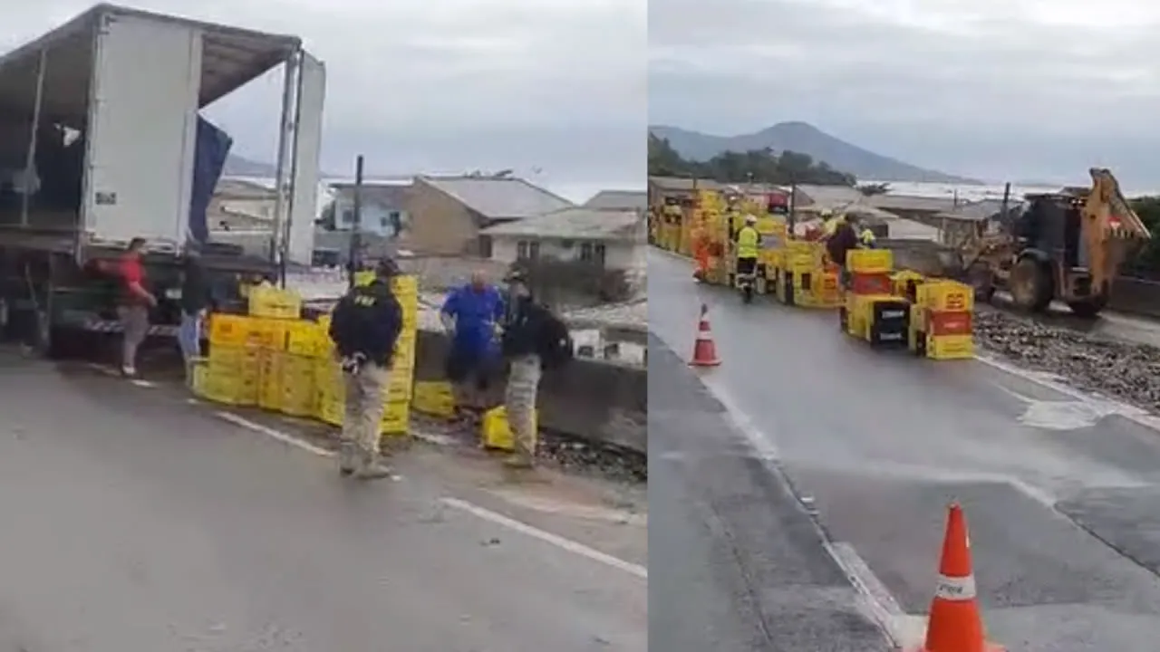 Veja esse vídeo em que a carga de cerveja cai de caminhão e interdita BR-101 em SC