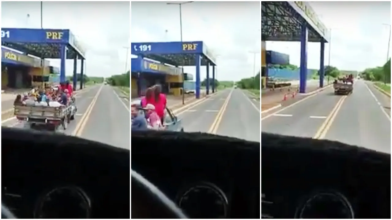 Vídeo mostra caminhão carregado de pessoas passando na frente do posto da PRF