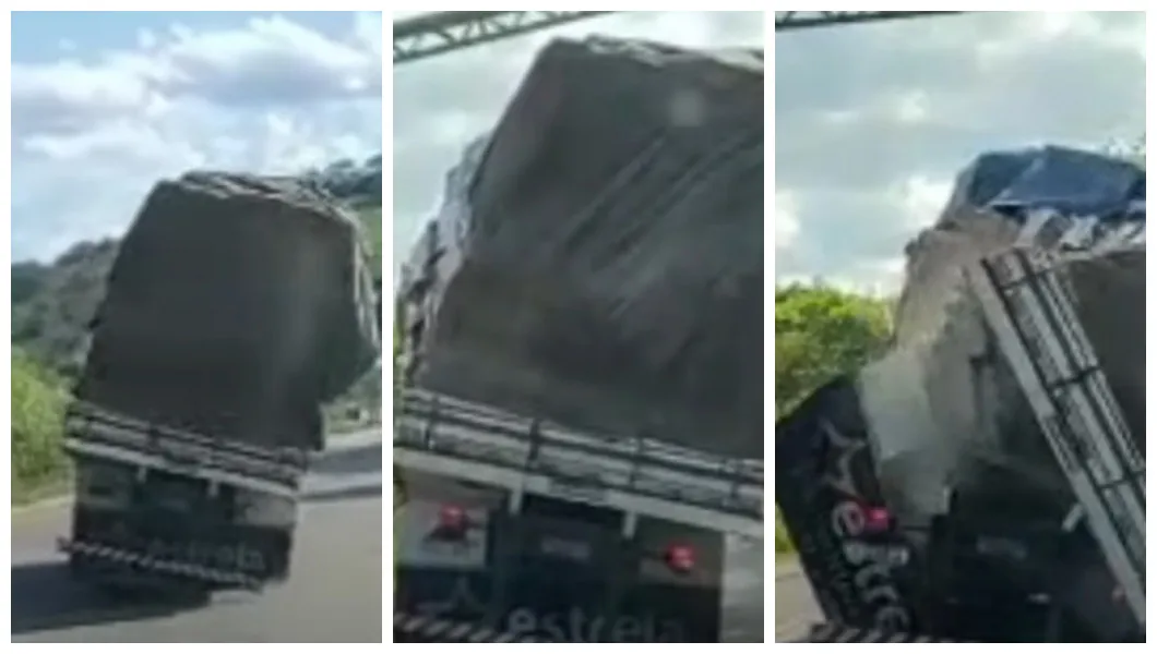 Carga pende para um lado e caminhoneiro perde toda a carroceria
