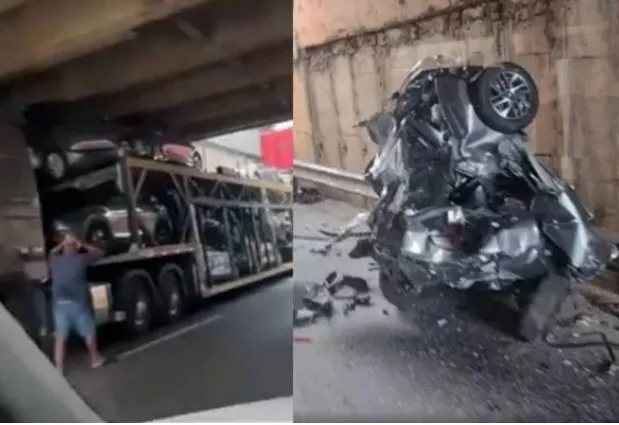 Carro amassou igual papel após caminhão cegonha passar em viaduto