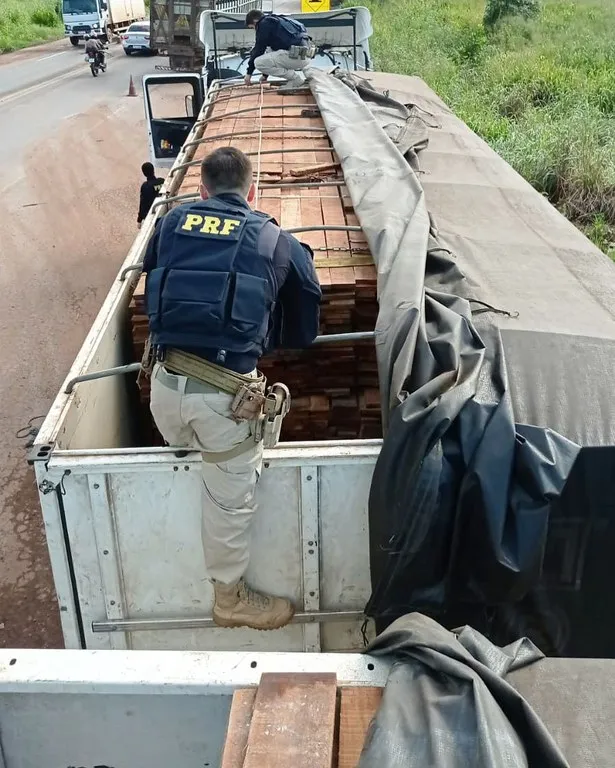 Excesso de carga de madeira transportada irregularmente é apreendida