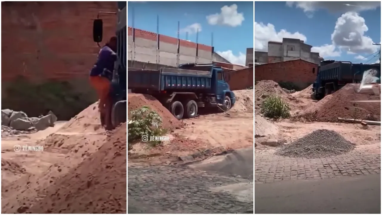 Após descarregar carga de areia na frente e atrás do próprio caminhão, motorista fica preso