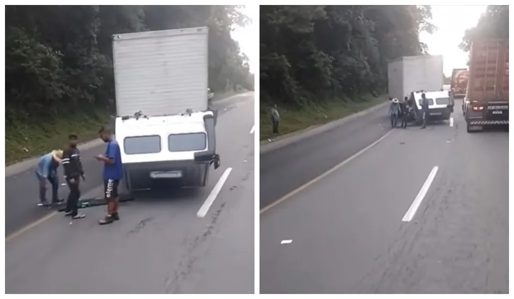 Cabine solta de caminhão em movimento descendo uma serra