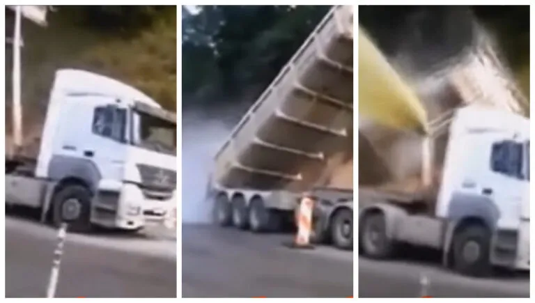 Caminhão estoura pistão da caçamba durante descarregamento
