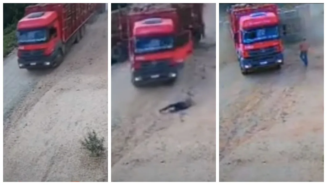 Vídeo: Caminhoneiro esqueceu de acionar o freio de mão e quase foi atropelado
