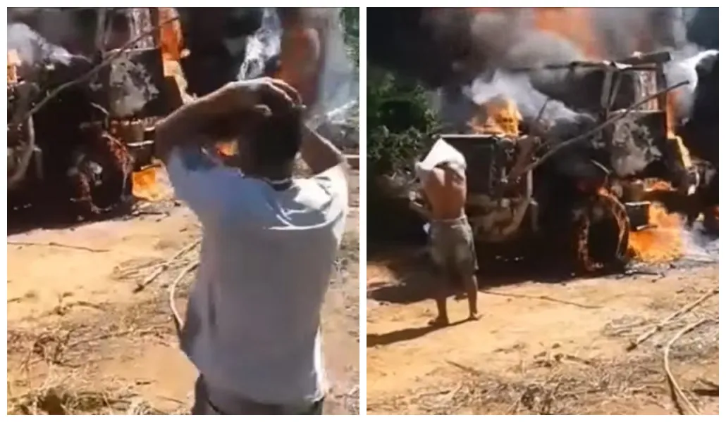 Caminhoneiro se desespera ao ver seu veículo de trabalho pegando fogo