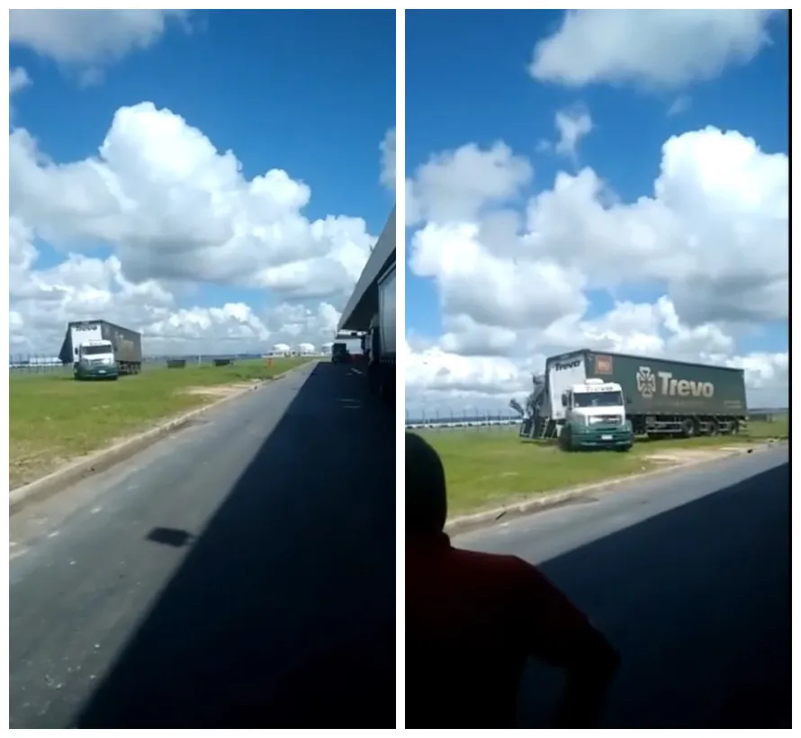 Caminhoneiro revoltado descarrega mercadoria no chão em pátio
