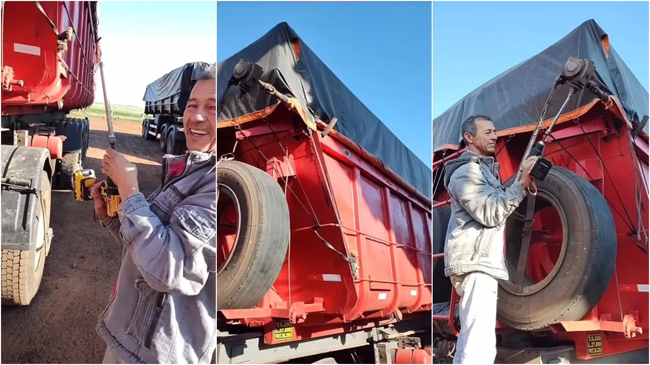 Caminhoneiro desenvolve gambiarra para facilitar a remoção da lona da carreta.