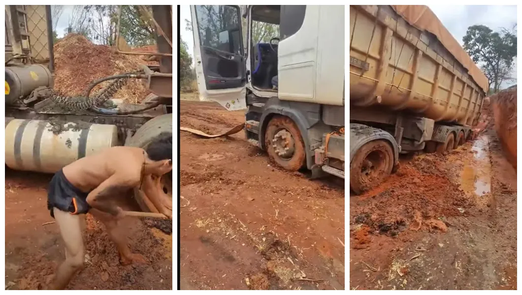 Caminhoneiro tenta desatolar caminhão com enxada em estrada com péssima condição&nbsp;